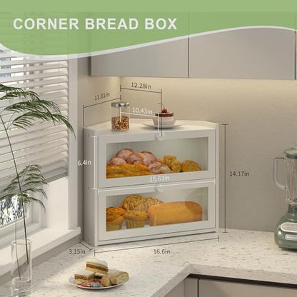 JANSNIMEN Corner Bread Box for Kitchen Countertop Bamboo Bread Holder Large Capacity Bread Container Storage Wooden Farmhouse Breadbox (White, 16.6" L x 12.28" W x 14.17" H)