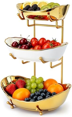 3 Tier Fruit Basket, Ceramic Fruit Bowl for Kitchen Counter