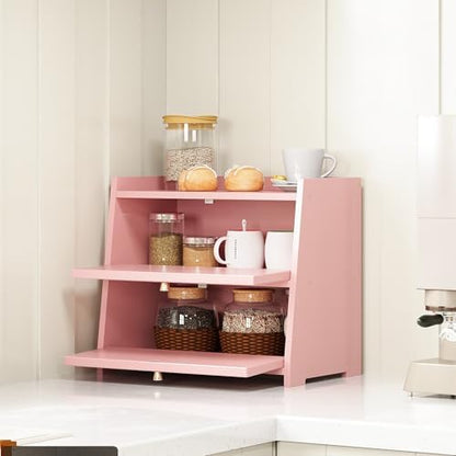Trironsun Vintage Double Layer Bread Box for Kitchen Counter Bamboo Bread Storage Container Large Capacity Bread Storage Bin (Pink)