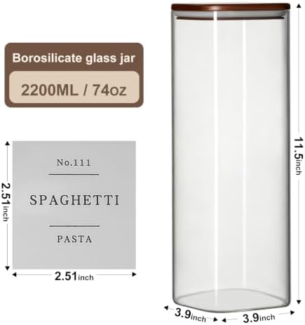 3Pack Square Glass Pasta Storage Containers Walnut Wood Lid 70oz+132 Labels