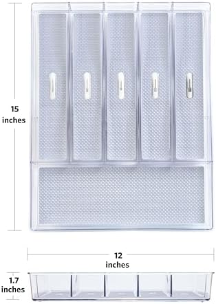 Glad Silverware & Utensil Drawer Organizer - Divided Clear Plastic Storage Tray with 6 Compartments for Kitchen Flatware and Cutlery - BPA Free, Food Safe, Non Slip, 12x15 inches