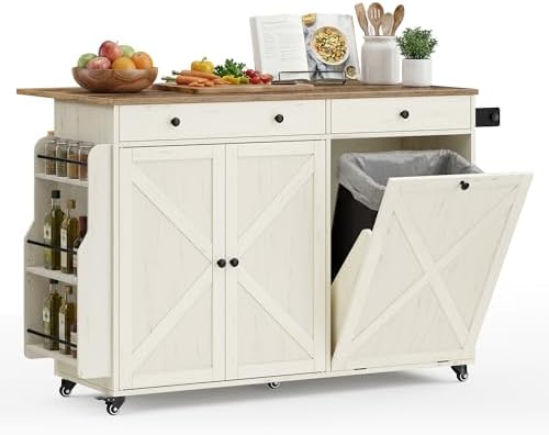 VASAGLE Mobile Kitchen Island with Trash Can Storage, Drop Leaf