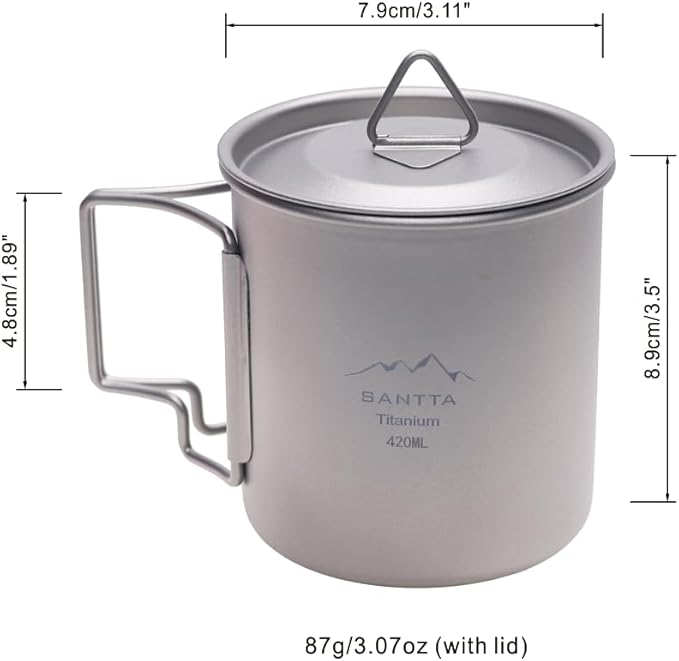 SANTTA Titanium Cup | 14 OZ Leightweight Camping Mug with Foldable Handle and Lid 420mL