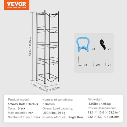 VEVOR 5 Tiers Water Jug Holder, 5 Gallon Water Bottle Holder, Single Row Water Bottle Rack for 5 Bottles, Heavy Duty Water Jug Rack for Kitchen, Office, Living Room, Black