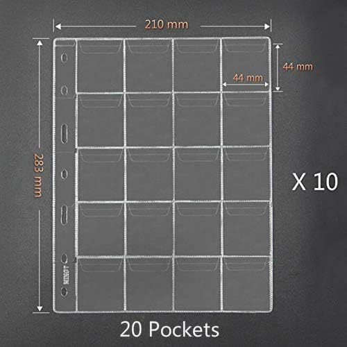 20 Pocket Coin Pages, 10 Sheets Plastic Coin Holders Stamp Collector Supplies for Coin Stamp Currency Collection