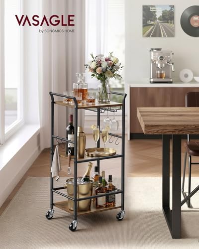 VASAGLE Bar Cart with Wheels, Drink Cart with Wine Rack and Glass Holder