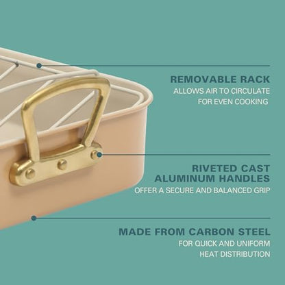 Gibson Home Broxton 2-Piece Nonstick Roaster Pan with Rack – 16 x 12 Inch Apricot Turkey Roasting Pan with Cast Aluminum Gold Handles – Oven-Safe, Easy-Clean, Holiday Cookware