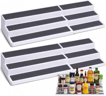 Oizeir Plastic 3-Tier Expandable Spice Rack, Adjustable Length, Stability with Non-Skid Shelf, For Easy Visibility, Organizer for Kitchen Cabinet, Pantry or Countertop, (2-Pack), White/Grey
