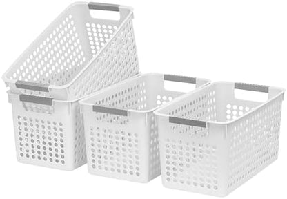 Soddeph Slim Plastic Storage Basket with Handles, Narrow Organizer box for Shelves, Organizer box for Organizing, Kitchen,Home,Office (White, Medium)