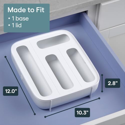 YouCopia StoraBag Drawer Food Bags Dispenser, 4-Slot, Plastic Sandwich Bag Organizer for Kitchen Storage, White