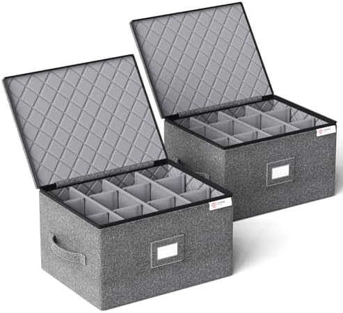 YearningHome 2 Pack Wine Glass Storage Box with Dividers,Stemware Storage Cases with Sturdy Handle and Hard Shell for Glassware Crystal Storage,Transport and Moving,Holds 24,Grey