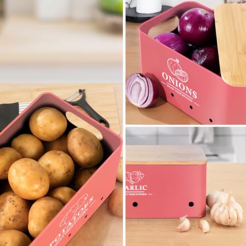 Kitchen Vegetable Storage Set of 3, Metal Onion Garlic Potato Storage Set, Kitchen Canisters Vegetable Keeper Containers with Aerating Holes and Bamboo Lid,Coral Red