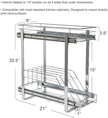 Household Essentials Glidez Multipurpose Chrome-Plated Steel Pull-Out/Slide-Out Dual-Sliding Storage Organizer for Cookware and Bakeware - 2-Tier Design - Fits Standard Size Cabinet or Shelf, Chrome