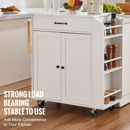VEVOR Kitchen Island Cart, 32" Mobile Carts with Storage Cabinet, Rolling Table with Power Outlet, Spice Rack, Towel Bar, Adjustable Shelf, Drawer, Dining Living Room Portable Islands on Wheels, White