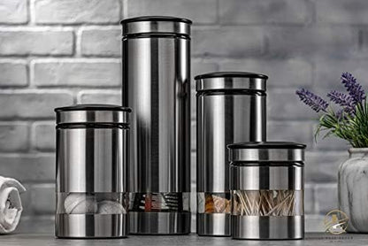 Le'raze Airtight Glass Canister Set of 4 with Stainless Steel Sleeve for Kitchen Counter - Food Storage Containers with Glass Window and Airtight Lids - Pantry Storage and Organization Set