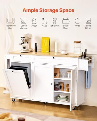 VEVOR Kitchen Island Cart with Storage, 60in Wide Mobile Kitchen Cart with Wheels, Drop Leaf, 2 Drawers, Trash Can Cabinet, Knife Holder, Spice Rack, and Towel Rack, Table for Dining Room, Pantry