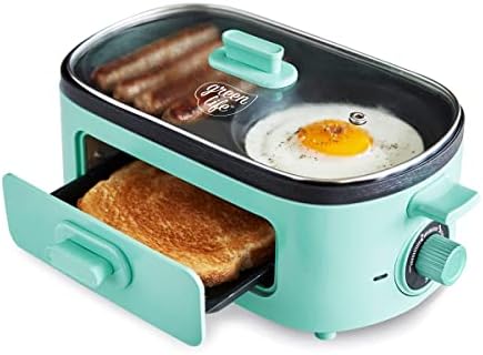GreenLife 3-in-1 Breakfast Maker Station, Healthy Ceramic Nonstick Dual Griddles for Eggs Meat Sausage Bacon Pancakes and Breakfast Sandwiches, 2 Slice Toast Drawer, Easy-to-use Timer, Turquoise