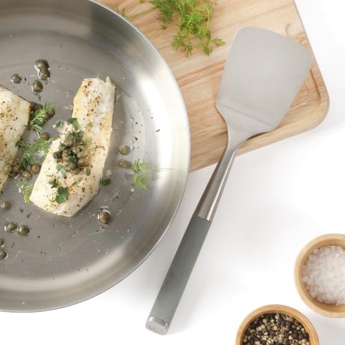 Calphalon Edge Solid Turner, Cooking Spatula, Kitchen Spatula, Stainless Steel Turner with Silicone Heat Resistance Handle, Nonstick-Safe Spatula with Ergonomic Handle (Taupe)