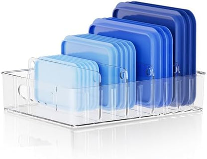 LYNG Lid Organizers Inside Cabinet, Clear Plastic Storage Lid Organizer With 4 Adjustable Dividers, Food Container Lid Organizer For Kitchen Pantry