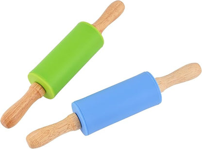 Mini Silicone Rolling Pin for Kids, Non-stick Surface Wood Handle, 9 Inch 2 Pack