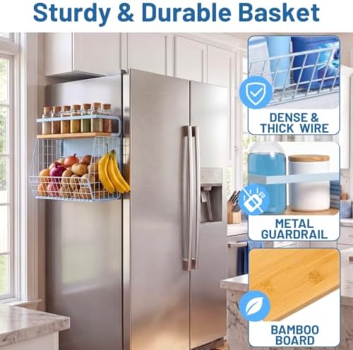 Magnetic Shelf for Fridge with Wood Lid, Fruit Potato and Onion Storage Bins, Pantry Organizers & Storage, Large Container Magnetic Spice Rack for Refrigerator, Kitchen Counter, Cabinet (Blue, 2)
