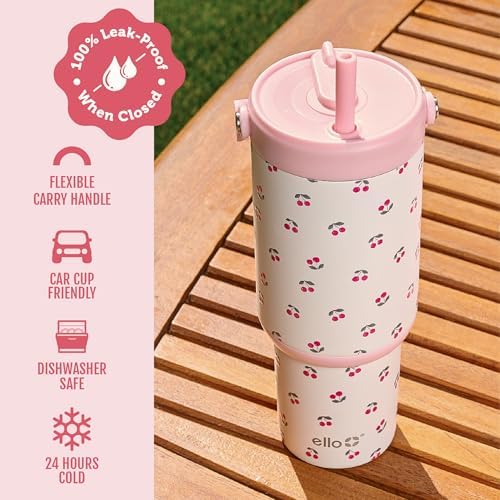 Ello Oasis Go+ 26oz Insulated Stainless Steel Tumbler with Straw, Cherries