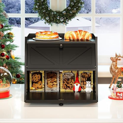 Trironsun Vintage Double Layer Bread Box for Kitchen Counter Bamboo Bread Storage Container Large Capacity Bread Storage Bin (Black)