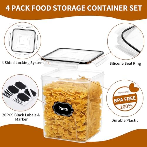 HKJ Chef 4 Pack Large Airtight Food Storage Containers with Lids (5.2L / 176oz), BPA Free Plastic Kitchen and Pantry Organization Contianers for Cereal Flour and Sugar Storage, Labels & Marker