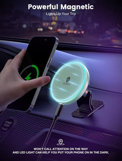 MOKPR for Magnetic Car Mount Charger-15W Wireless Car Charger-Magnetic Car Phone Holder for Dash Air Vent-LED RGB HandsFree Car Mount Fast Car Charger for iPhone 14/13/12 Series,Green