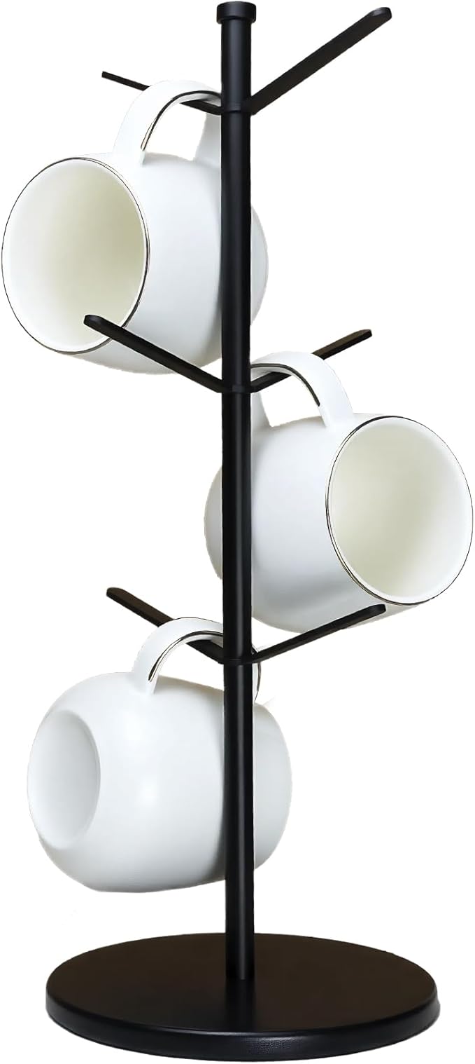 Premium Mug Tree, 6 Hooks Upgraded Stable Metal Mug Holder, Bamboo Base Coffee