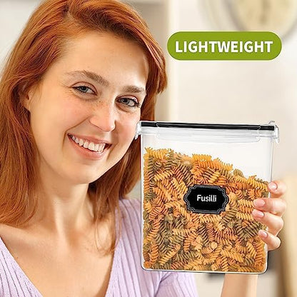 Skroam Cereal Containers Storage of 6 [4L/135.2 oz], Airtight Food Storage Containers with Lids, Plastic Cereal Dispensers for Kitchen & Pantry Organizers and Storage, Measuring Cup & 20 Labels