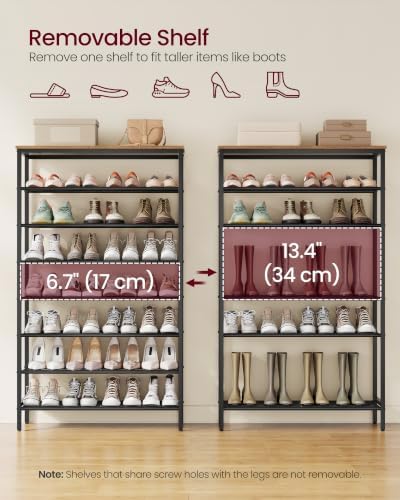 VASAGLE Shoe Rack with 7 Mesh Shelves and 1 Large Top for Bags, Steel Frame