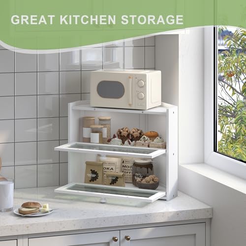 JANSNIMEN Corner Bread Box for Kitchen Countertop Bamboo Bread Holder Large Capacity Bread Container Storage Wooden Farmhouse Breadbox (White, 16.6" L x 12.28" W x 14.17" H)
