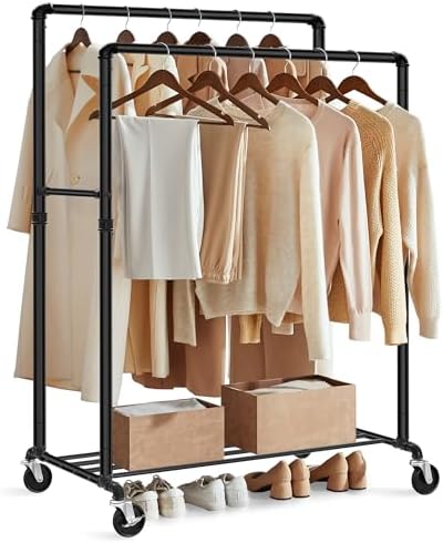 SONGMICS Heavy-Duty Clothes Rack, Double-Rod, Metal Frame on Wheels