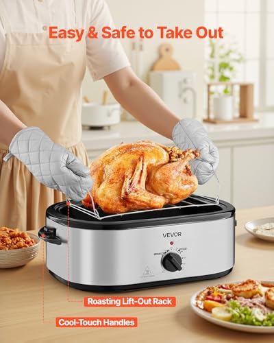 VEVOR Roaster Oven, 22QT Electric Roasting Pan, 150-450℉ Adjustable Temperature Multifunctional Electric Roaster Oven with Self-Basting Lid, Defrost & Warm Function for Holiday Meal, Fits 26lb Turkey