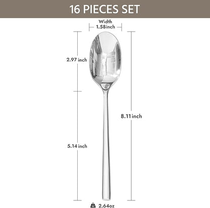 KINGSTONE Dinner Spoon Set, 16-Piece Tablespoons Silverware Spoons, Premium Food Grade Stainless Steel Spoons, Mirror Finish & Dishwasher Safe, Use for Kitchen, Home, Wedding, Party