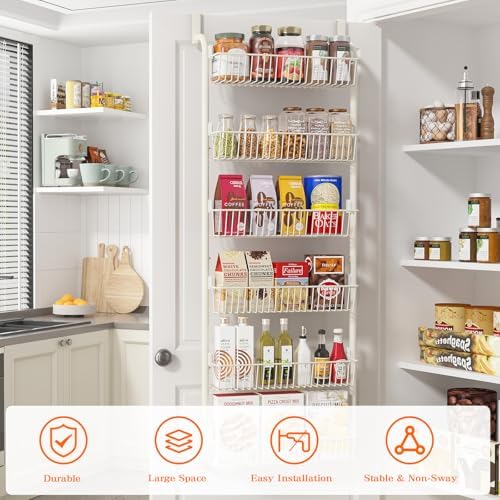 MIAOLI Over the Door Pantry Organizers and Storage, 6-Tier Spice Rack, Home & Kitchen Storage Shelves for Cabinet, Large Capacity Hanging Seasoning Organizer, Laundry Room Organization, White