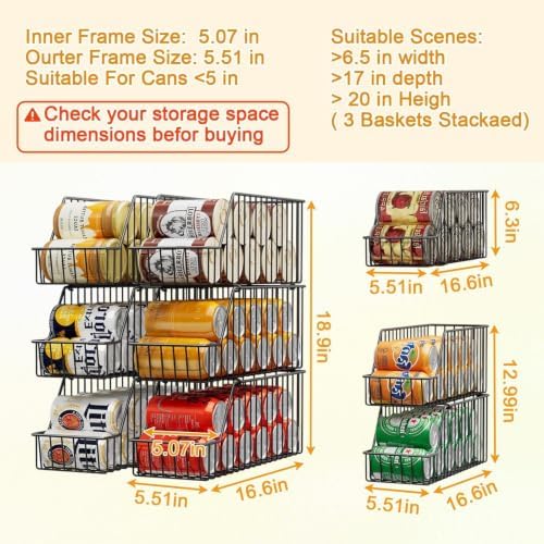 6 Pack Can Storage Organizer for Pantry, Stackble Lengthen Can Holder Rack，Max Can Dispensers & Canned Goods Organizer Baskets For Various Soup Soda Canned Food Drinks, Hold More 66 Cans, Black