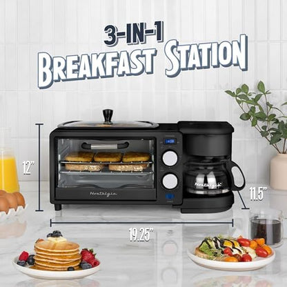 Nostalgia 3-in-1 Retro Breakfast Station - Includes 5 (4 Oz) Cup Coffee Maker, Non-Stick Ceramic Griddle, and 4-Slice Toaster Oven - Built-In Timer, Reusable Coffee Filter, Space-Saving Design - Black