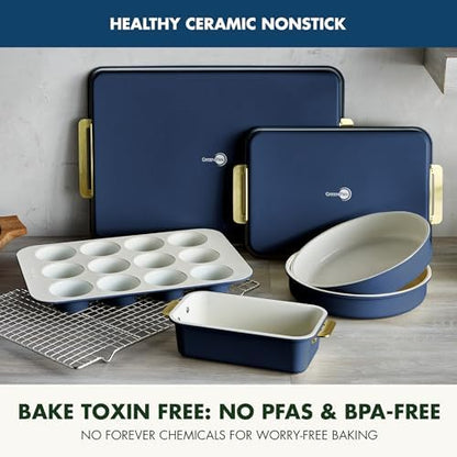 GreenPan Bakeware Set, 7 Piece Nonstick Ceramic Gold Handle Baking Sheets, Cake Pans, Loaf Pan, Muffin Tin, Cooling Rack, PFAS & BPA Free, Freezer to Oven Dish, Bake & Roast Ovenware, Oxford Blue