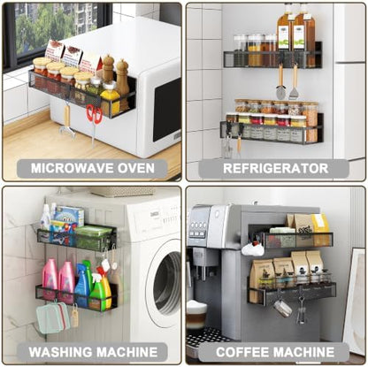 Aufworld Magnetic Spice Rack for Refrigerator, 4 Pack Magnetic Shelf, Fridge Magnet Organizer with Moveable 8 Hooks, Magnetic Fridge Shelf for Kitchen Organization and Storage (4 Pack)