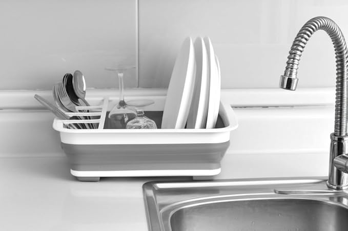 BNYD Plastic Collapsible Dish Drying Rack, Foldable Dinnerware Drainer Organizer
