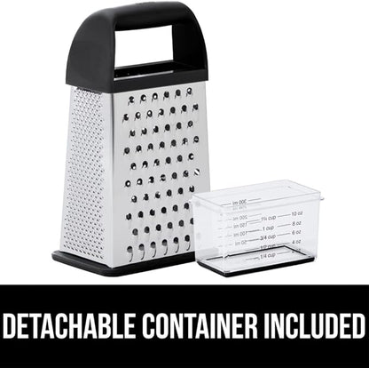 GORILLA GRIP XL 4-Sided Cheese Grater With Container, 100% BPA-Free Stainless Steel Box Graters, Parmesan Shredder, Grate Cheeses, Shred Veggies, Slip Resistant Handle, Dishwasher Safe Zester, Black