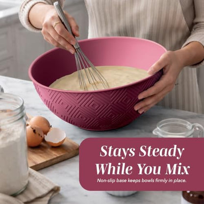 COOK WITH COLOR Mixing Bowls with Lids - 12 Piece Plastic Nesting Bowls Set includes 6 Prep Bowls and 6 Lids, Microwave Safe Mixing Bowl Set, Rose Rhombus