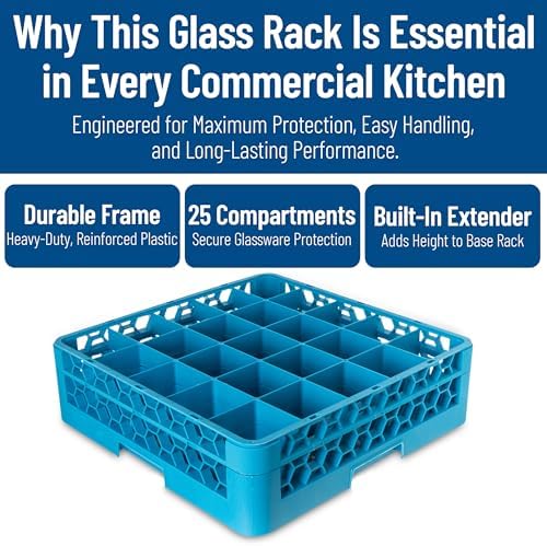 Carlisle FoodService Products RG25-114 OptiClean 25 Compartment Glass Rack with Extender, 3-1/2" Compartments, Blue (Pack of 4)
