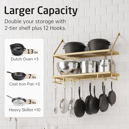 KES 30-Inch Gold Pot Rack Wall Mount, 2-Tier Hanging Pot and Pan Organizer