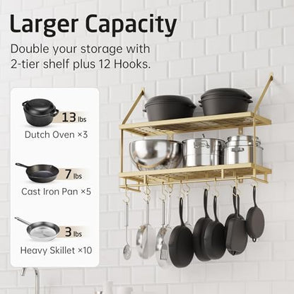 KES 30-Inch Gold Pot Rack Wall Mount, 2-Tier Hanging Pot and Pan Organizer