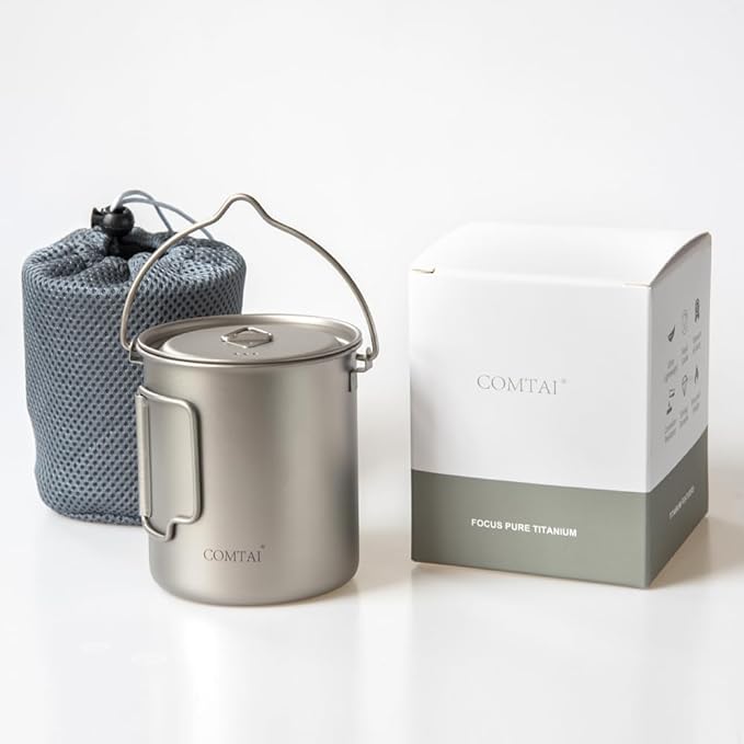 750ml/26oz Titanium Camping Pot with Lid and Foldable Handle, Ultralight Camping Mug for Hiking, Backpacking, Outdoor Cooking, and Travel