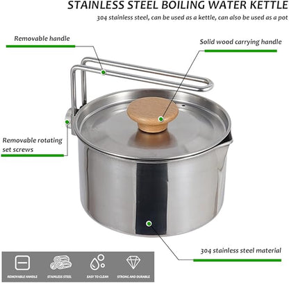Stainless Steel Camping Pot with Lid and Removable Handle, Light Weight Outdoor Camping Kettle, Easy Clean Camp Boiling Pot, Cooking Pot for Picnic, Hiking, Backpacking, 1L/34oz