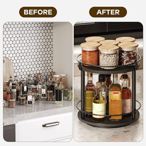 YATINEY Lazy Susan Organizer, Rotating Spice Rack, 2 Tier Spice Turntable Organizer, Industrial Turntable Spice Holder, for Kitchen Countertop and Cabinet, Compact and Versatile, Black SR22BK